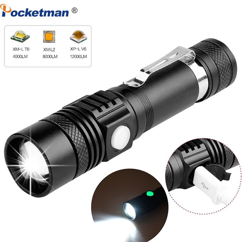 Super Bright Led flashlight USB led torch Zoomable Bicycle Light Rechargeable 12000LM
